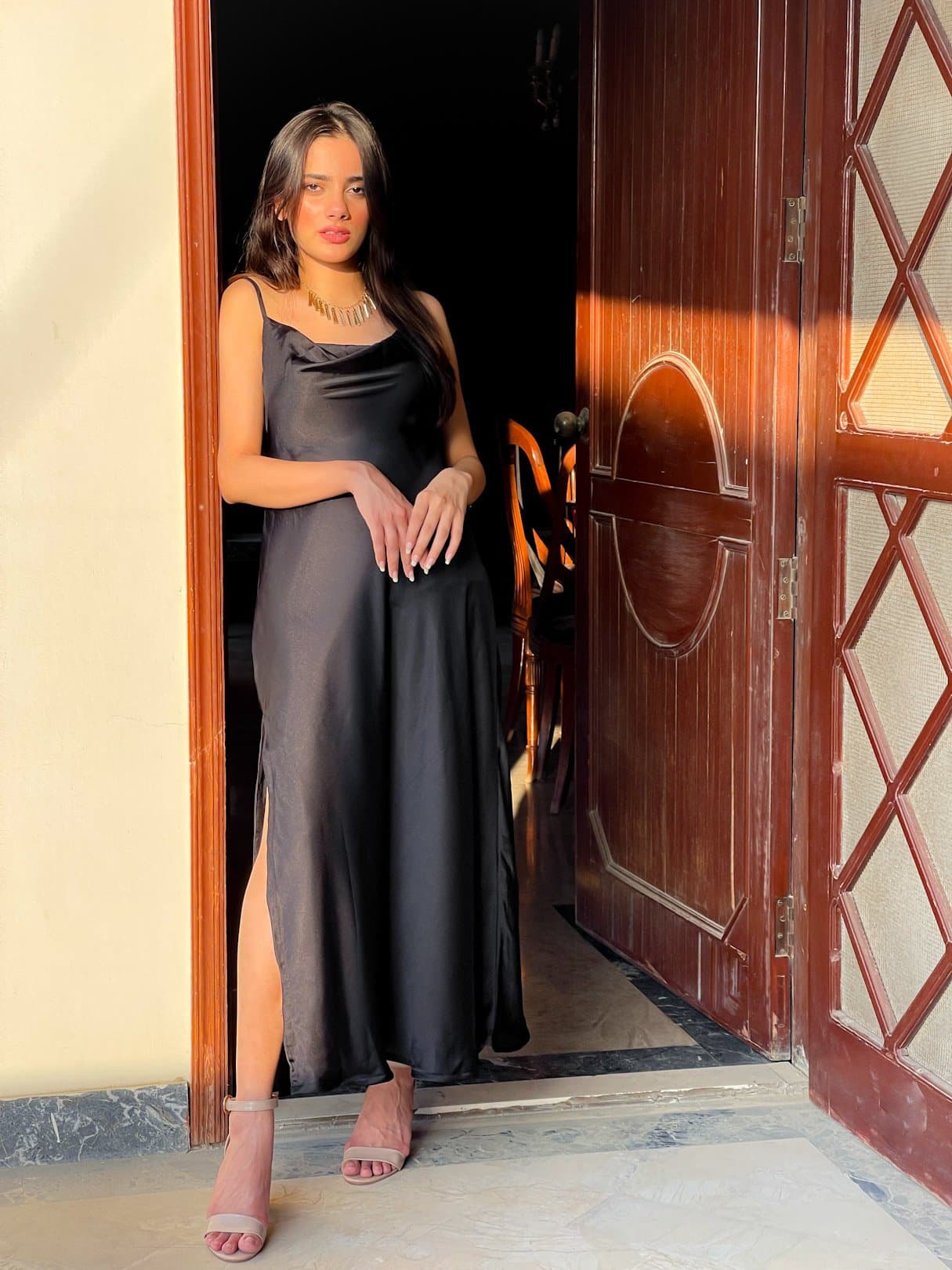 Garnet Black Silk Slip Dress (with slit)