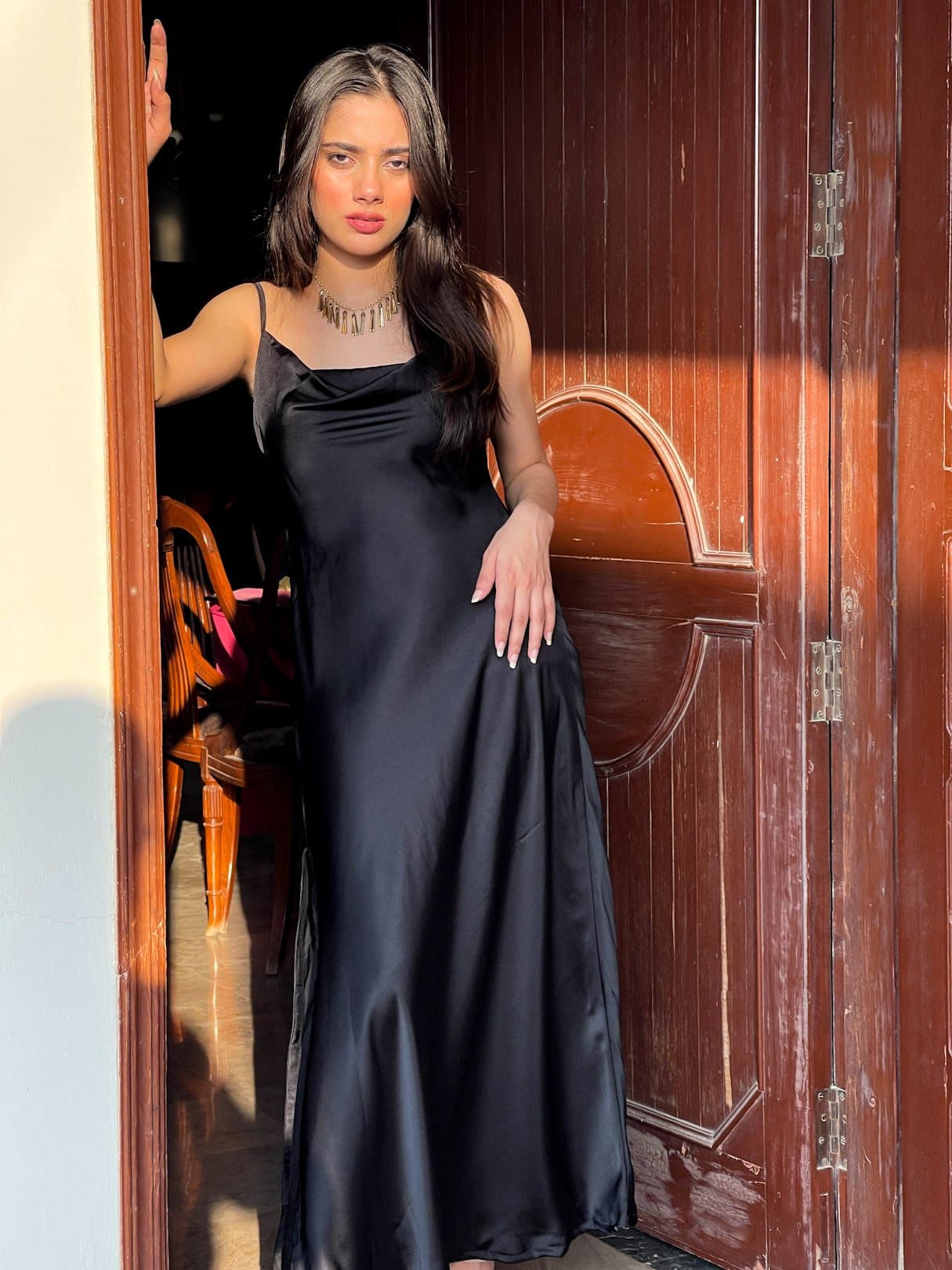 Garnet Black Silk Slip Dress (with slit) – image 3